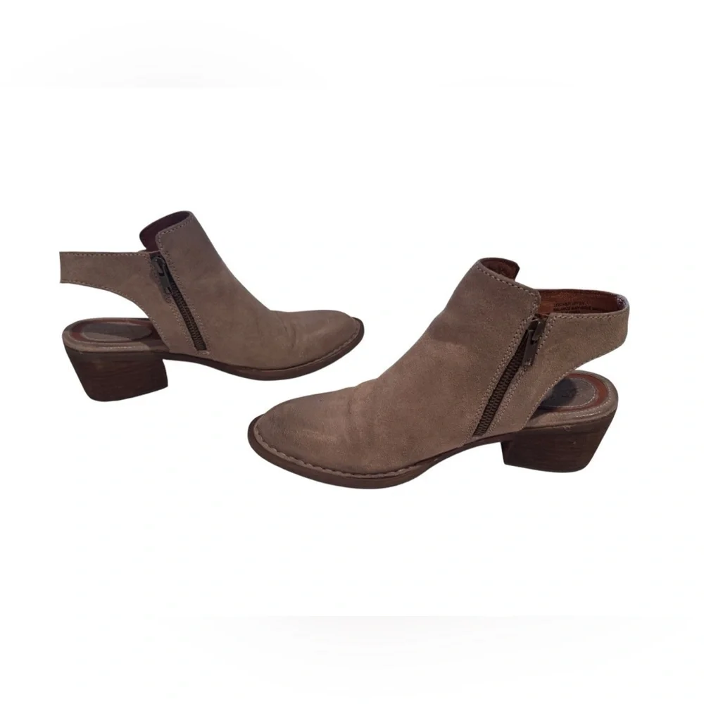 Born Margrit Women’s Sz 8 Taupe Suede Booties Open Slingback Buckle Heels Shoes
